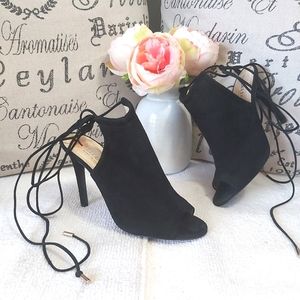 BelloFatto stiletto heels black suede leather wrap around strappy high 4"